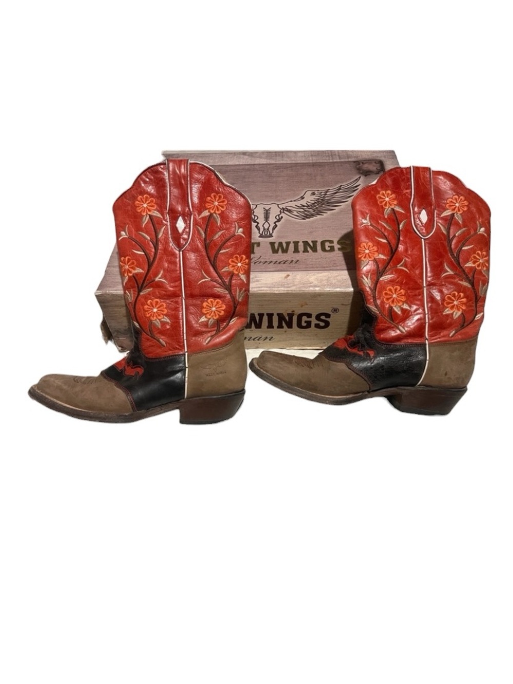 West wing Western Red Leather Floral Cowgirl Boots Rodeo Coastal cowgirl  Boho